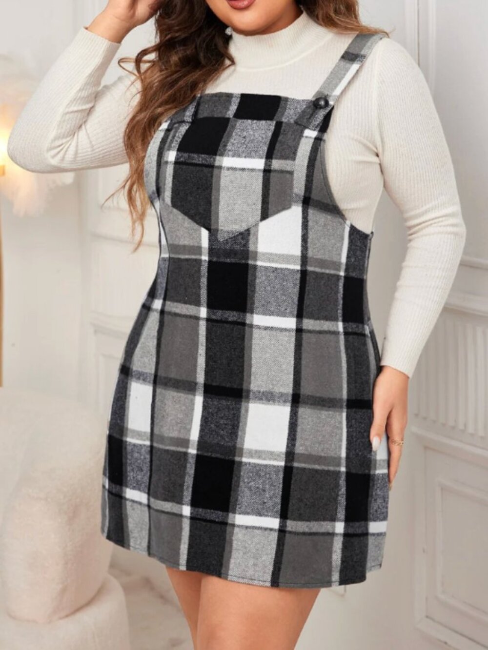 Honey Plus Size Black and White Plaid Overall Mini Dress